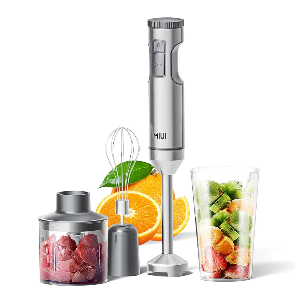 BlendMaster | 4-in-1 Stainless Steel Hand Blender Set | 700 ml Beaker, 500 ml Chopper & Whisk | 14 Speeds