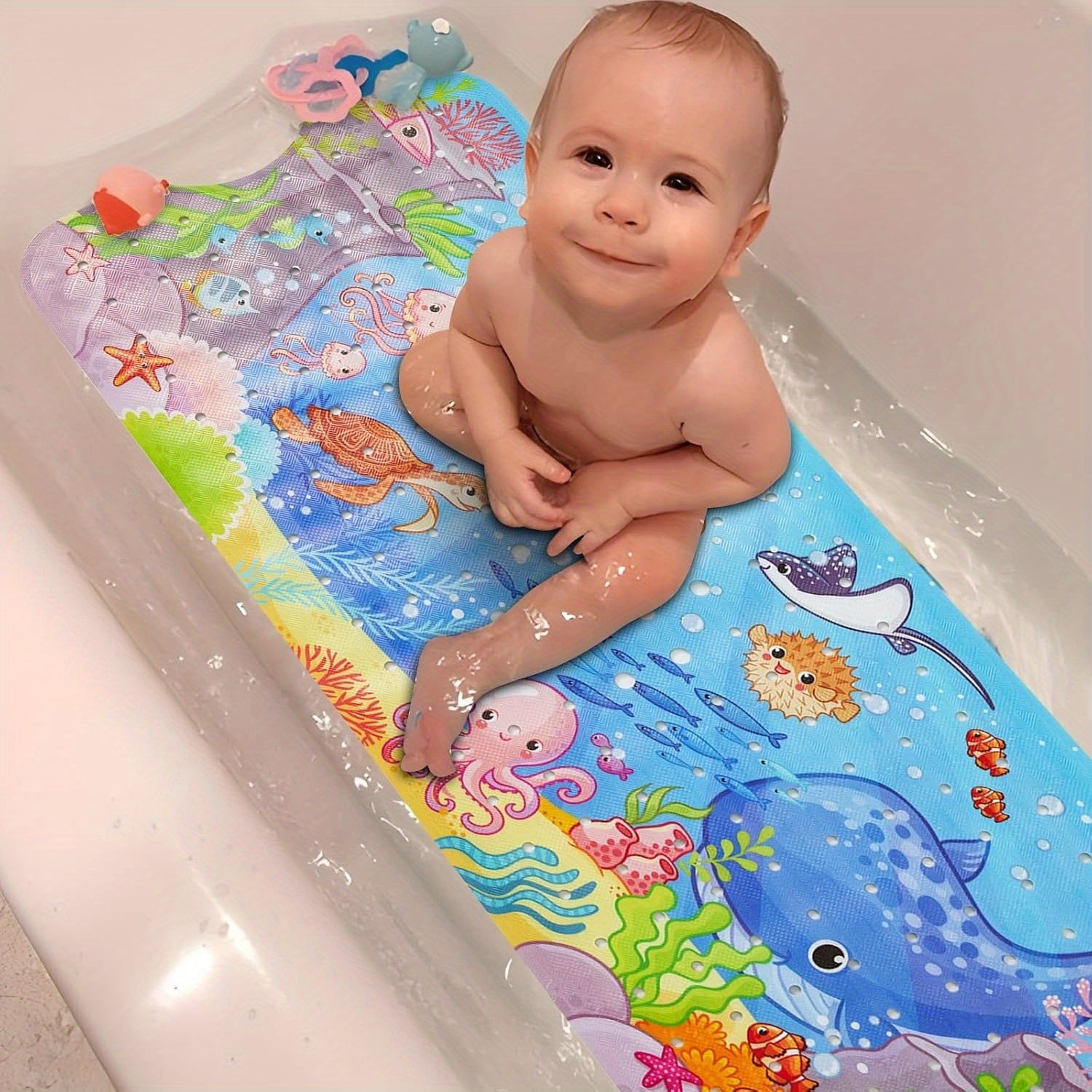 Anti-Slip Bathtub Mat AquaBuddy | Extra Long & Washable | With Sea Motif & Suction Cups | For Children's Bath