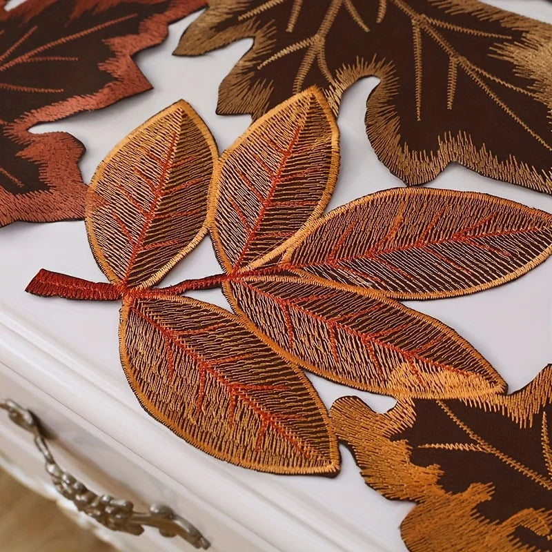 HarvestLeaf Table Runner | Embroidered Maple Leaf Design | Autumn Decor in Country House Style