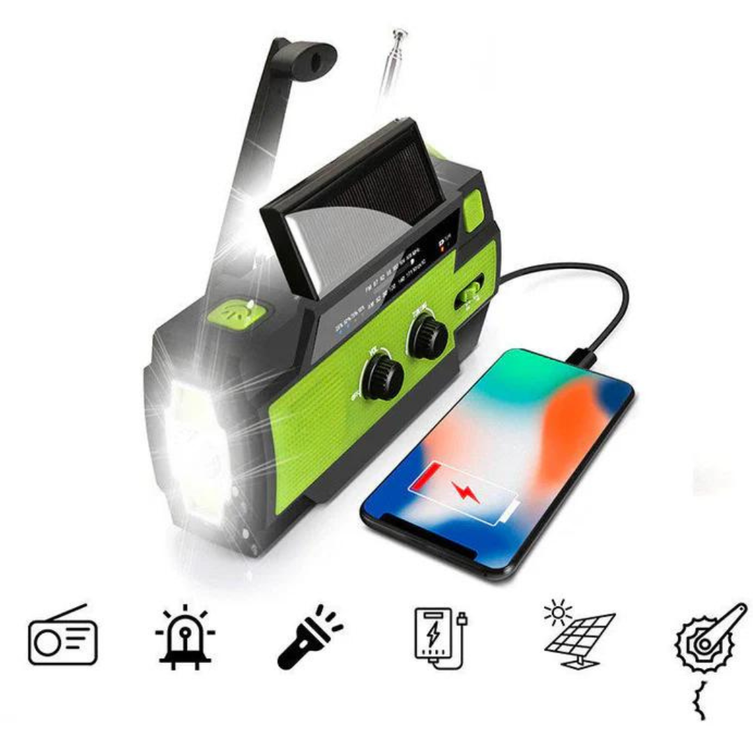 Notfallradio mit Solarbetrieb | Handkurbel & LED-Taschenlampe | USB-Ladefunktion