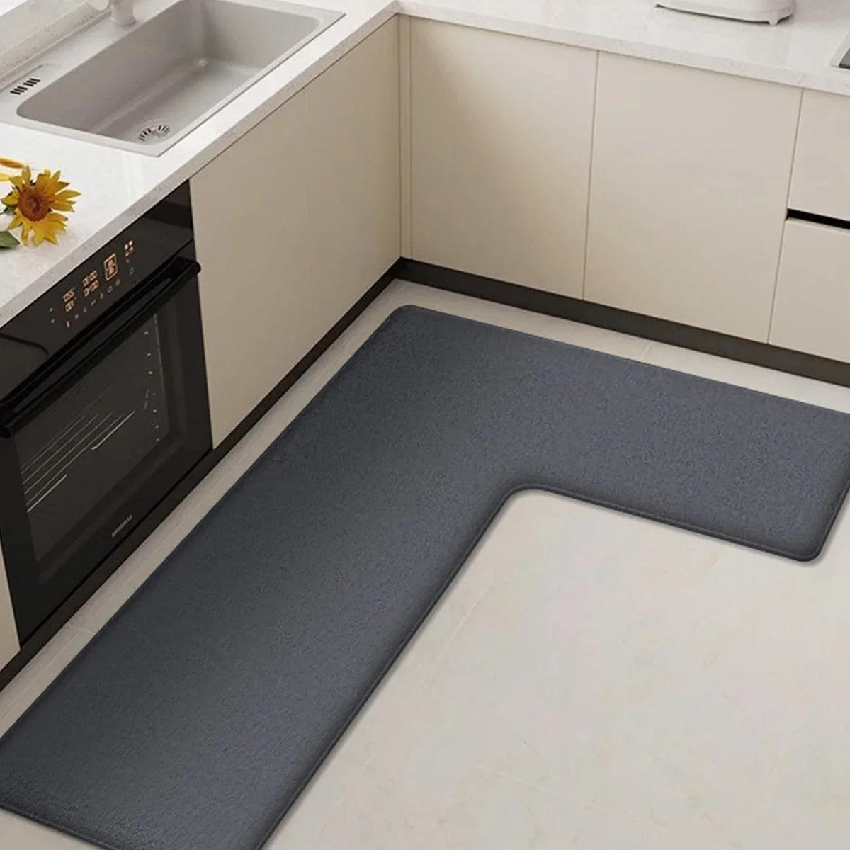 CleanLuxe Kitchen Mat | L-Shaped & Thickened | Non-Slip, Oil Absorbing & Dirt Repellent | Soft Flannel for More Comfort