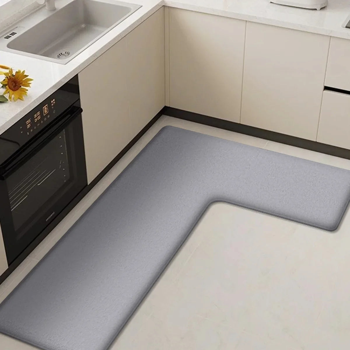 CleanLuxe Kitchen Mat | L-Shaped & Thickened | Non-Slip, Oil Absorbing & Dirt Repellent | Soft Flannel for More Comfort