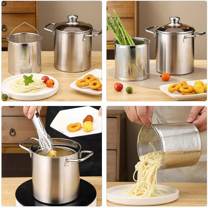 Crisplora FryMaster Stainless Steel Deep Frying Pot 3 L with Strainer & Lid | Tempura Fryer with Tongs