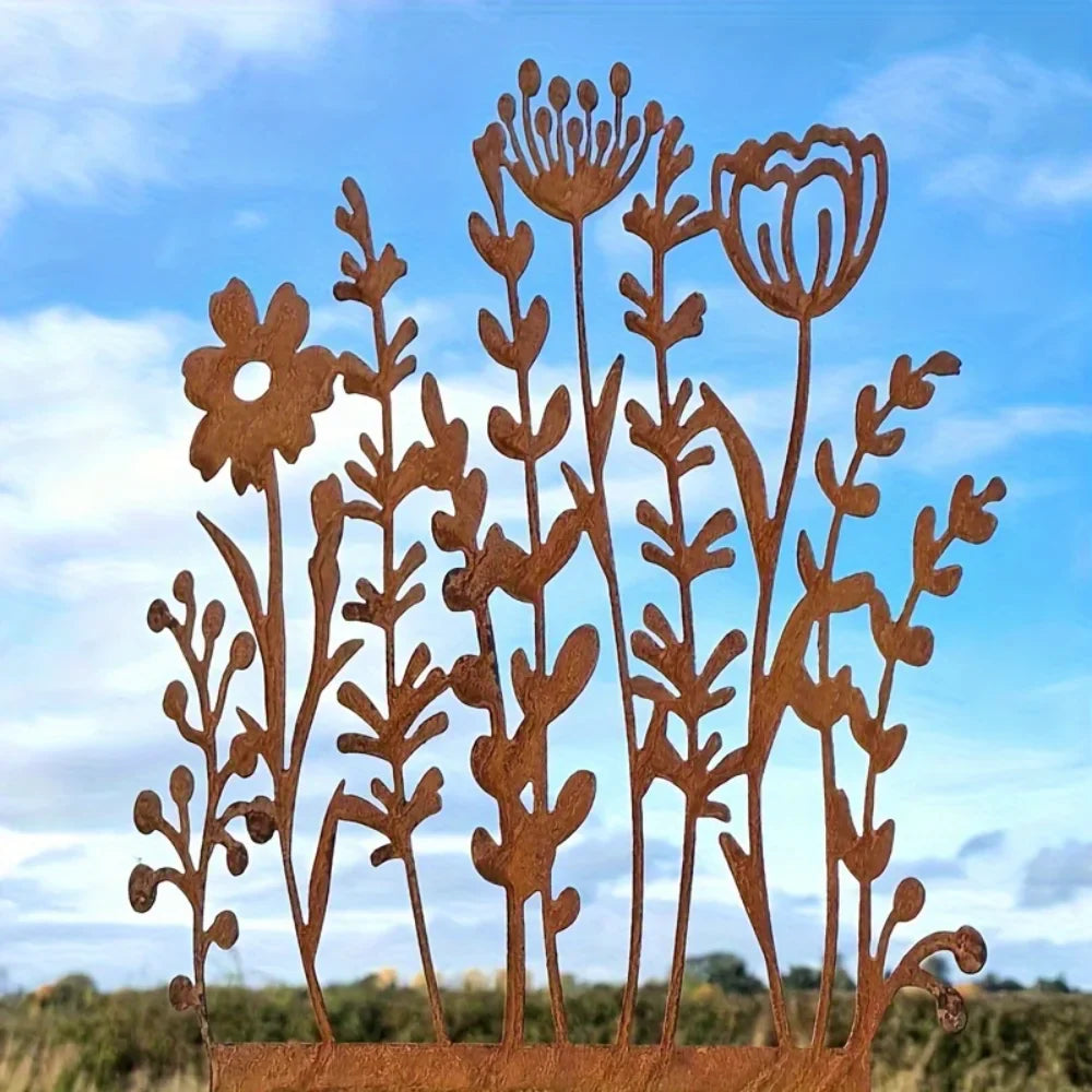 FLORAVINTA Metal Garden Stake Wildflower | Rust Look Vintage Yellow | For Beds, Pots & Walls | Handmade Country Style