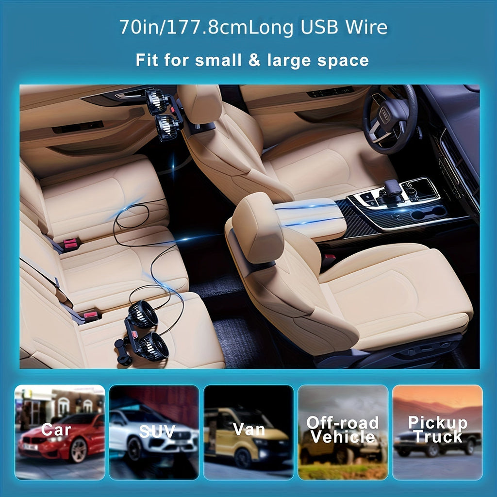 Dual Fan AirTrek Duo | 360° Rotatable | Ultra-Quiet & Compact | USB Car Fan with 5 Blades