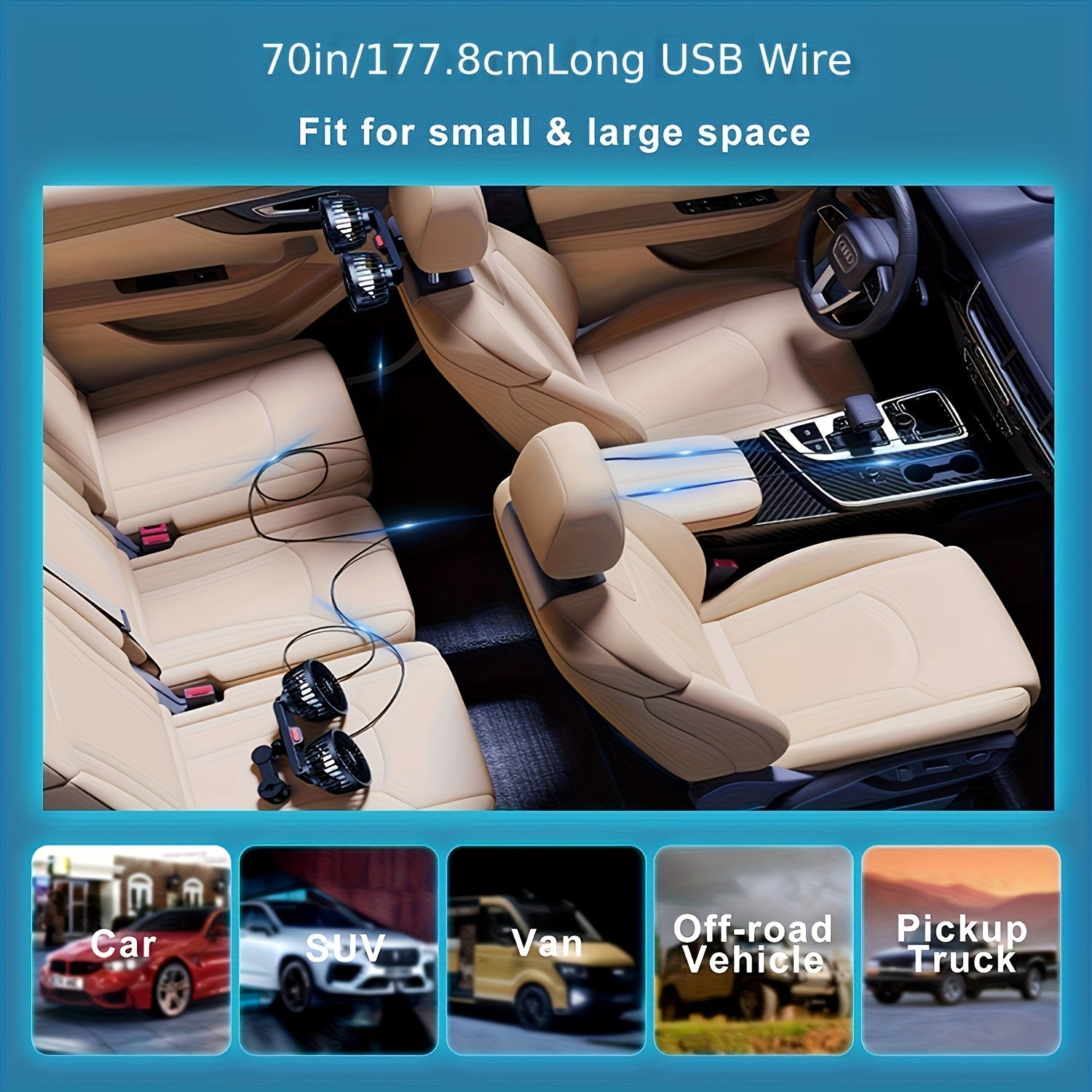 Dual Fan AirTrek Duo | 360° Rotatable | Ultra-Quiet & Compact | USB Car Fan with 5 Blades