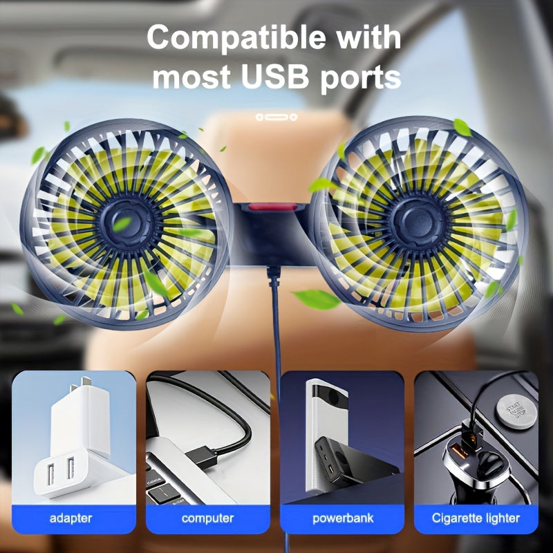 Dual Fan AirTrek Duo | 360° Rotatable | Ultra-Quiet & Compact | USB Car Fan with 5 Blades