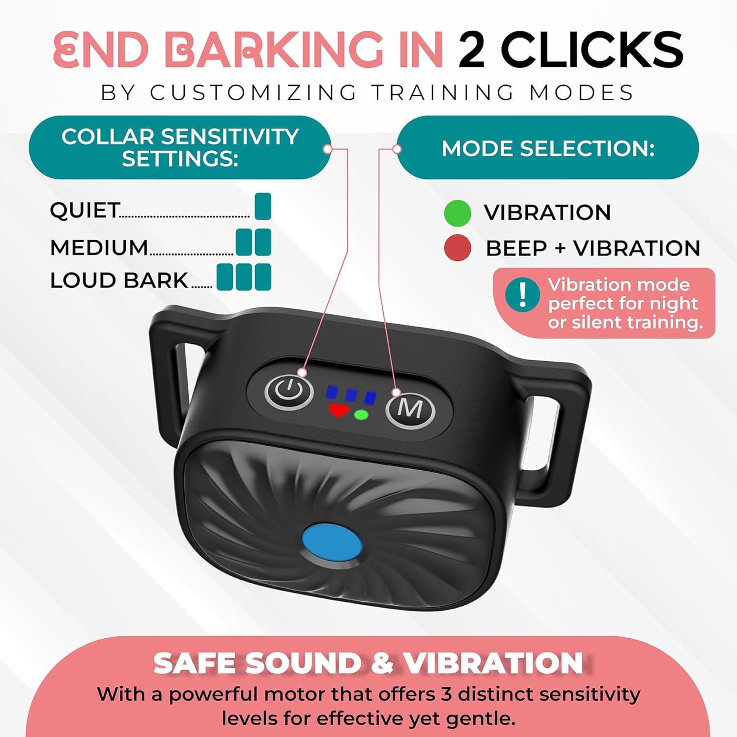 BelloSilent Anti-Bark Collar for Small Dogs | With Sound & Vibration | IP87 Waterproof | Adjustable & Gentle Training