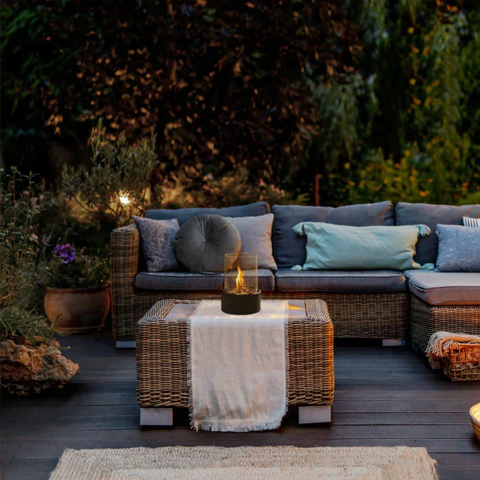 FlammaLume Table Lantern | Portable Decorative Fire Lamp | Modern Design & Flame Effect | For Indoor & Outdoor Use | Round Steel & Glass