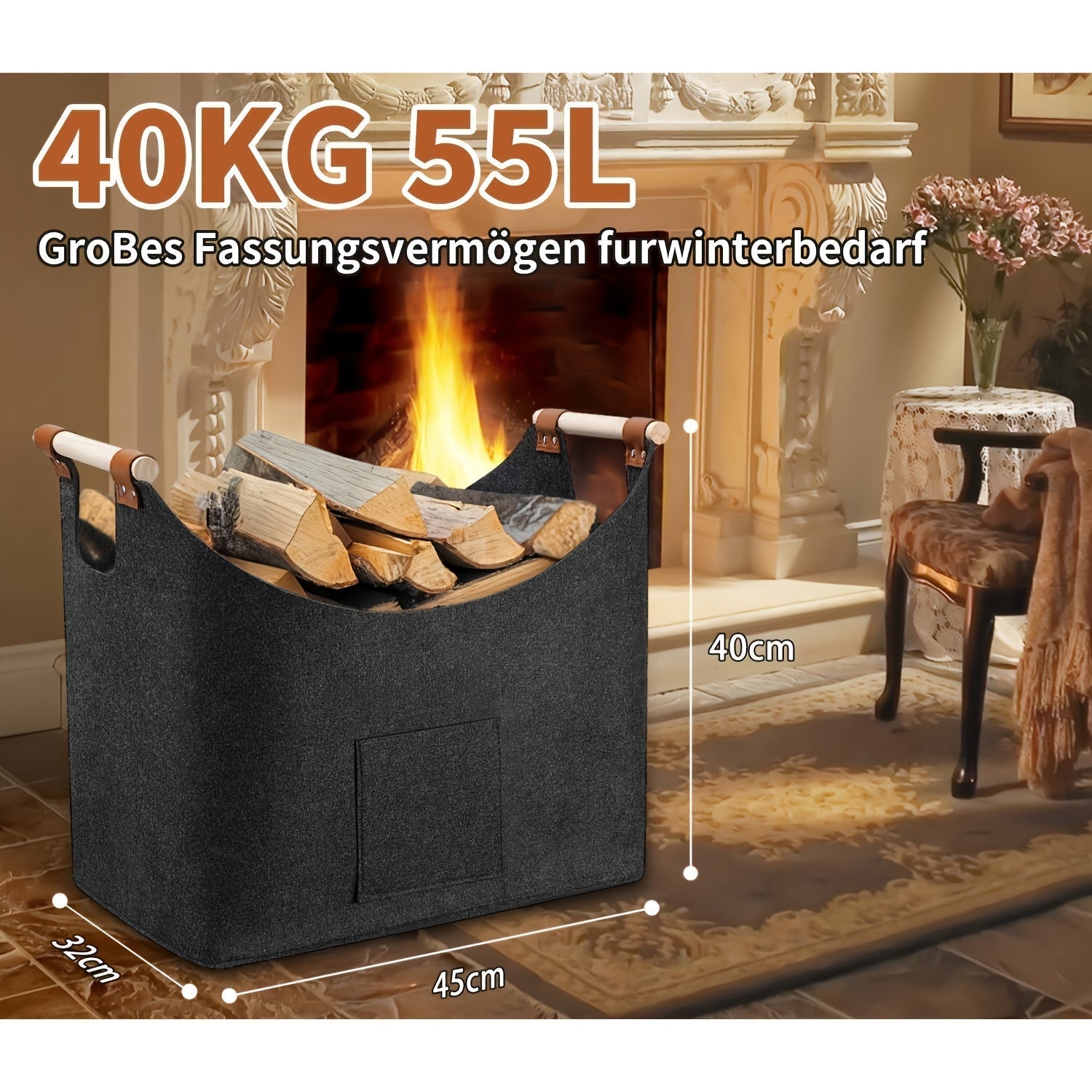 Felt Firewood Basket FELDURA | Foldable | 55L Volume | With Wooden Handles & Leather Details | Dark Grey