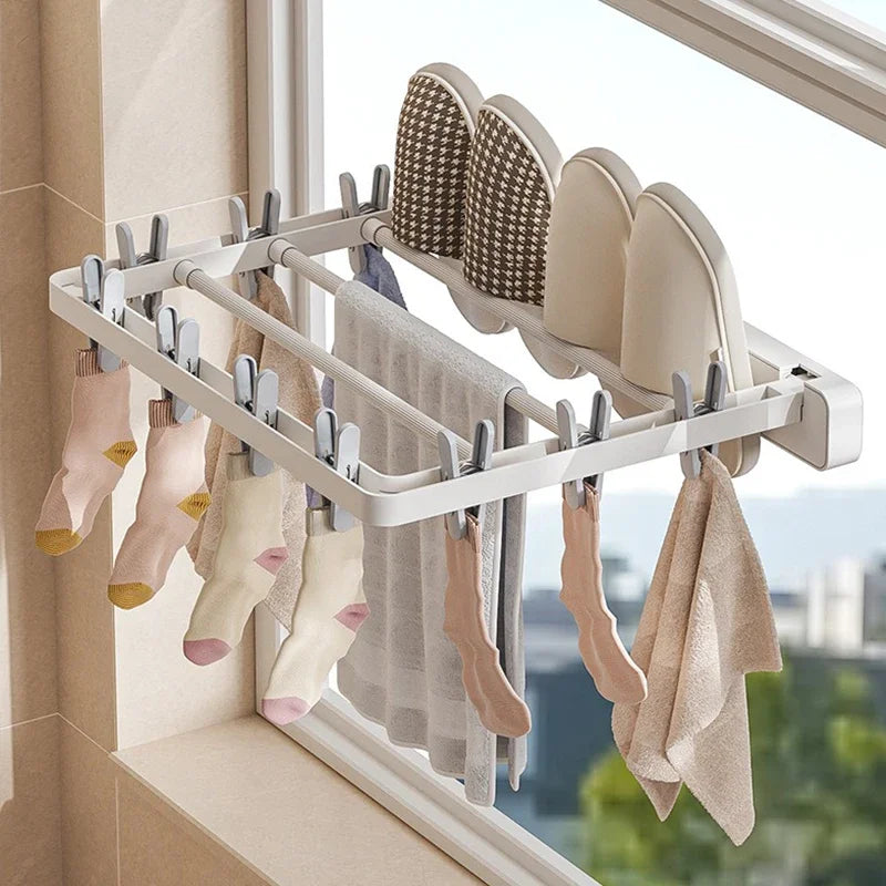 DryFold Wall-Mounted Folding Clothes Dryer | Foldable & Space-Saving | With Windproof Clips | Plastic/Stainless Steel