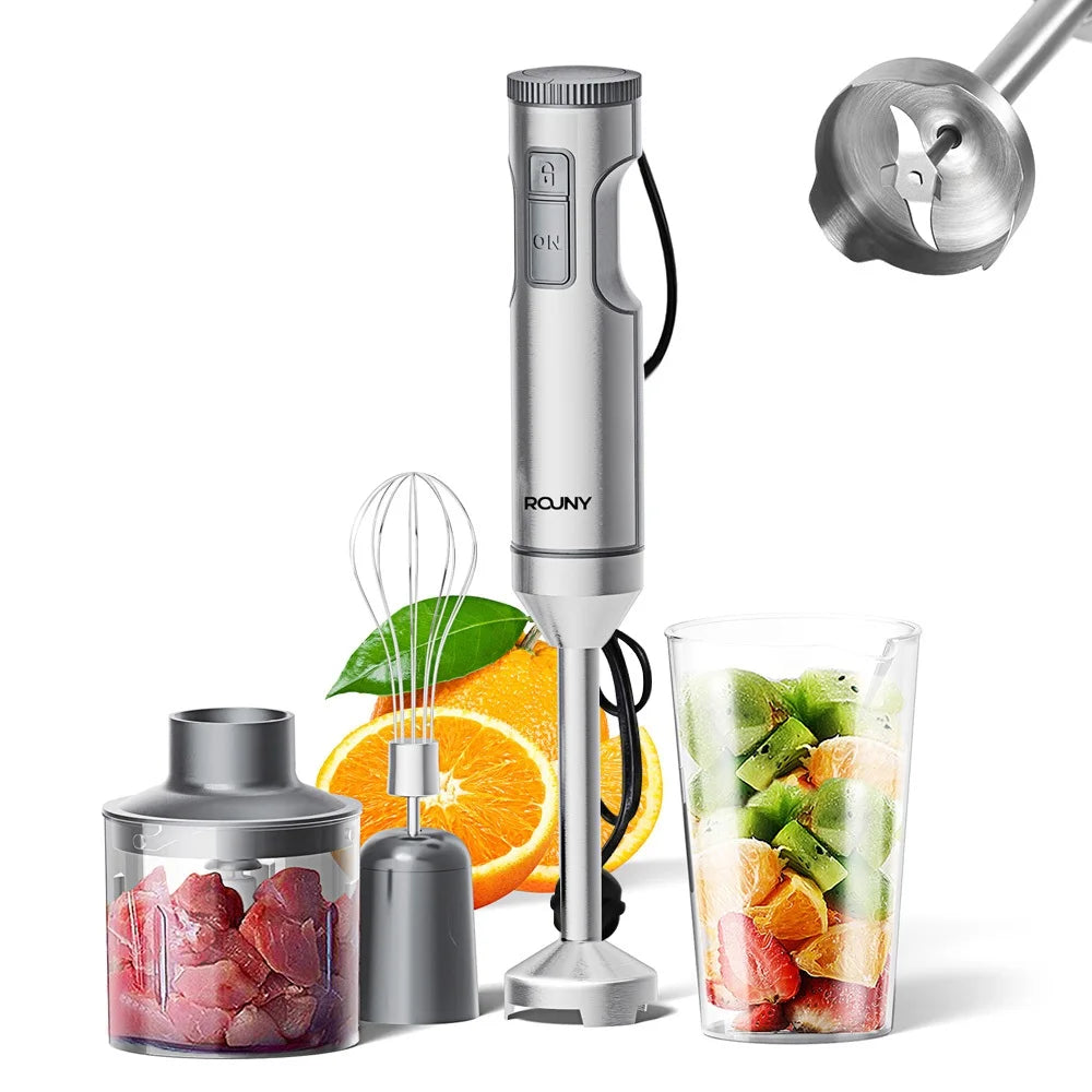 BlendMaster | 4-in-1 Stainless Steel Hand Blender Set | 700 ml Beaker, 500 ml Chopper & Whisk | 14 Speeds