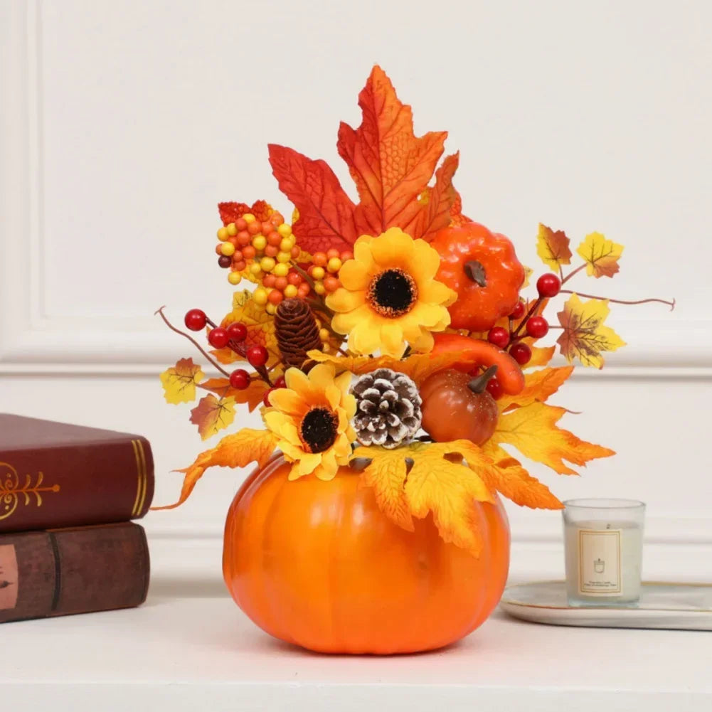 Autumn Magic | Decorative Pumpkin with Artificial Flowers | 25–30 cm | Autumn & Halloween Decoration