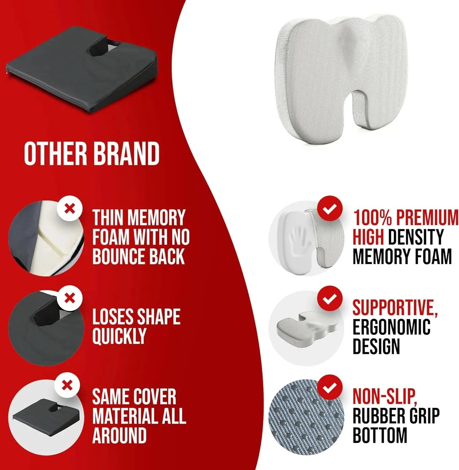 Ergonomic Seat Cushion | Memory Foam | Removable Cover | For Office, Study & Home