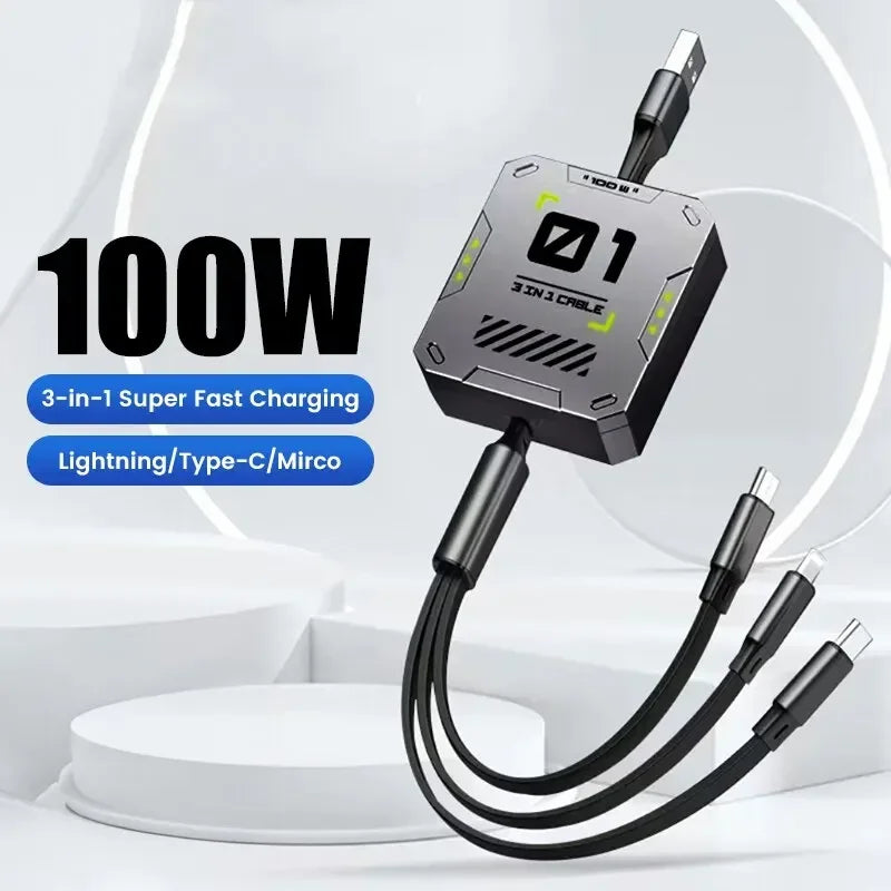 3-in-1 Charging Cable | 100W Fast Charging | Extendable & Universal | FlexiCharge for iPhone, Android & USB-C
