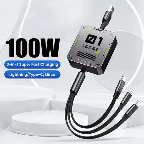 3-in-1 Charging Cable | 100W Fast Charging | Extendable & Universal | FlexiCharge for iPhone, Android & USB-C