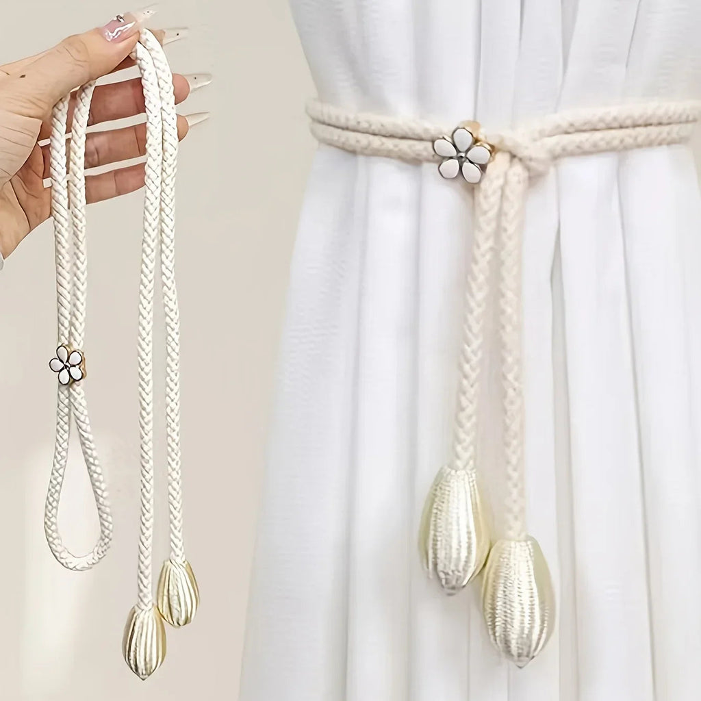 Floravia Curtain Holder Set of 2 | Adjustable Without Drilling | With Flower Buckle | Elegant Home Accessory