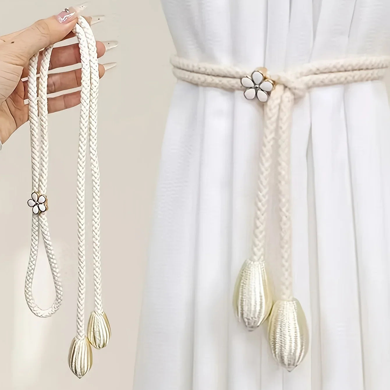 Floravia Curtain Holder Set of 2 | Adjustable Without Drilling | With Flower Buckle | Elegant Home Accessory