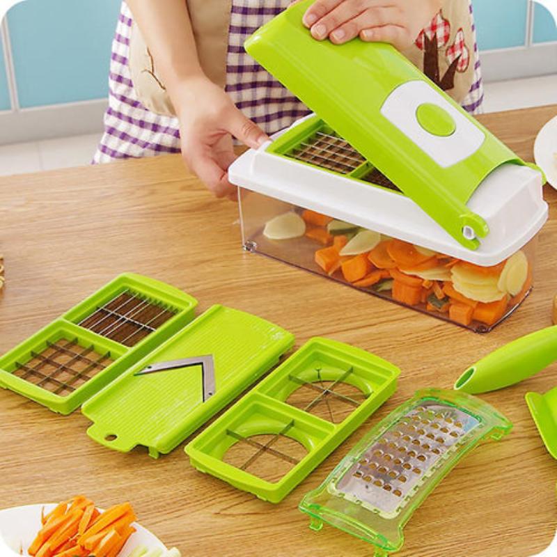 CutMate Multifunctional Vegetable Cutter 12-in-1 | With Catch Container & Finger Guard | Stainless Steel Blades | Compact & Safe