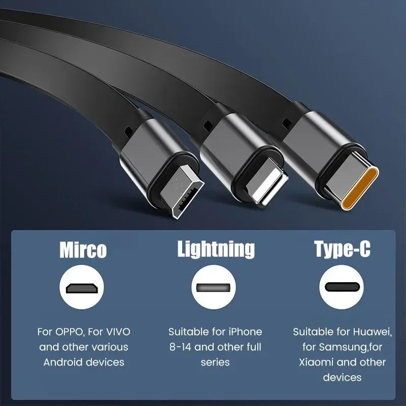 3-in-1 Charging Cable | 100W Fast Charging | Extendable & Universal | FlexiCharge for iPhone, Android & USB-C