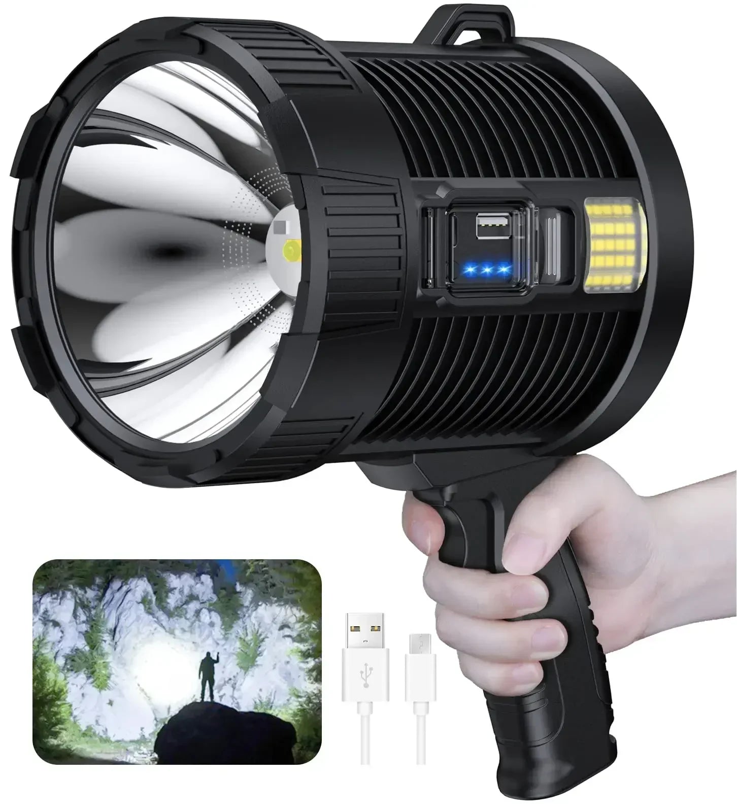 Handheld Spotlight LuminexPro 900K | 900,000 Lumens | 10000 mAh Battery | Solar & USB Charging Function | IPX5 Waterproof