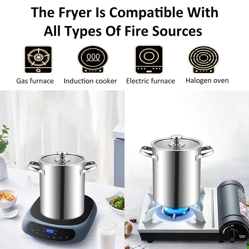 Crisplora FryMaster Stainless Steel Deep Frying Pot 3 L with Strainer & Lid | Tempura Fryer with Tongs