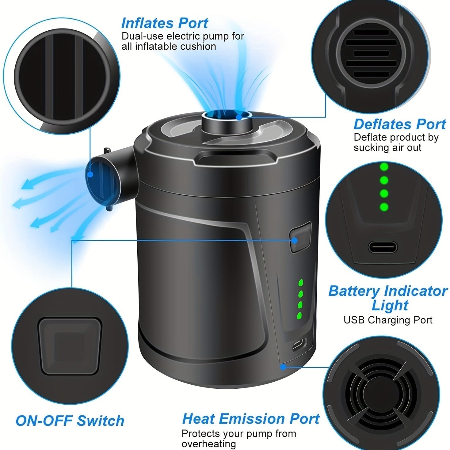 Electric Air Pump AirTrek Mini | USB Rechargeable & Cordless | Compact & Durable | For Air Mattresses & Outdoor Use