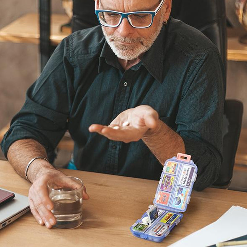 MediVoya | Tablettenbox für Reisen | 10 Fächer | Wasserdicht | Mit 161 Beschriftungsetiketten