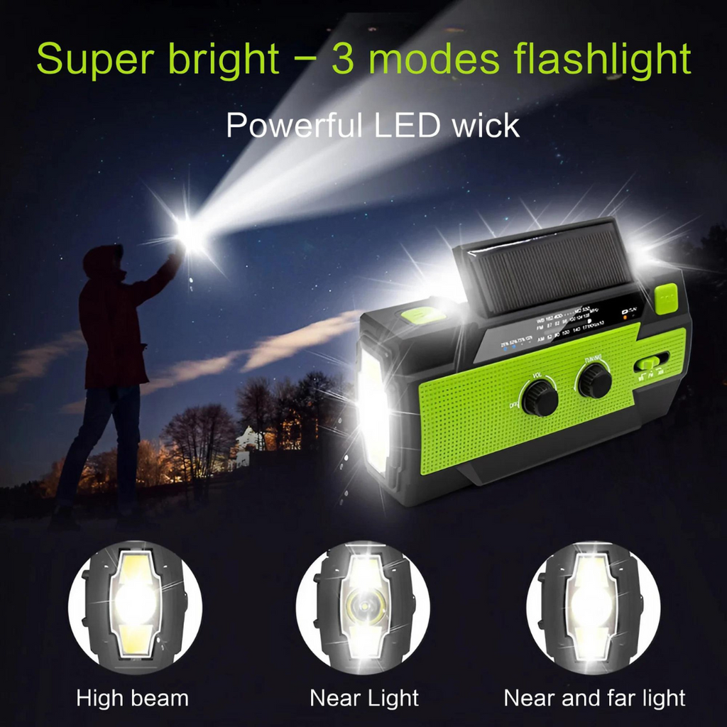 Notfallradio mit Solarbetrieb | Handkurbel & LED-Taschenlampe | USB-Ladefunktion
