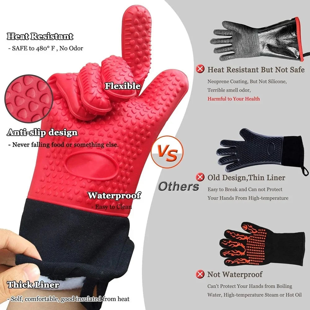 Griptermo Silicone Grill Gloves | Heat Resistant up to 260 °C | Non-Slip & Waterproof | With Cotton Lining
