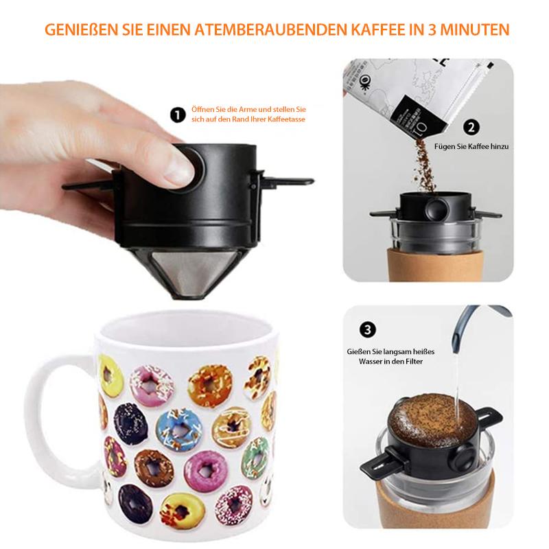 AromaFold | Kaffeefilter aus Edelstahl | Doppelschicht-Mikrofilter | Wiederverwendbar | Faltbarer Halter