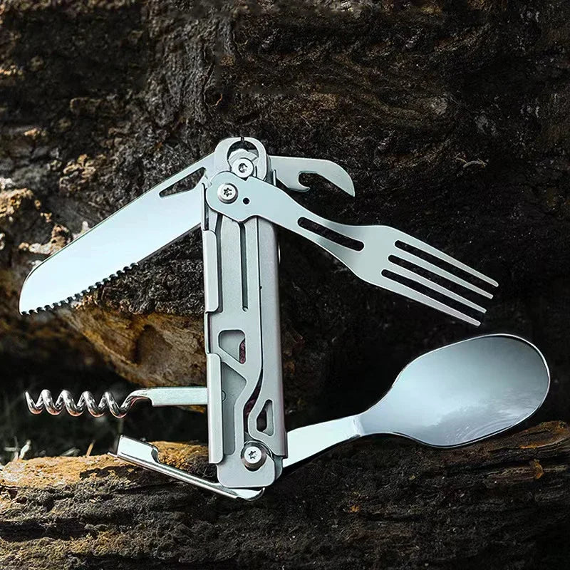 GearSpork Outdoor Cutlery 6-in-1 | Foldable Multi-Function Cutlery Made of Stainless Steel | Knife, Fork, Spoon, Can Opener & Bottle Opener | For Camping & Trekking