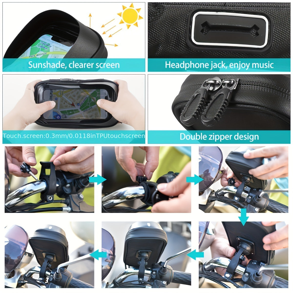 Ridevora | Wasserdichte Fahrrad- & Motorrad-Handyhalterung | 360° Drehbar | TPU-Navigationstasche für 4,5–6,4 Zoll Smartphones