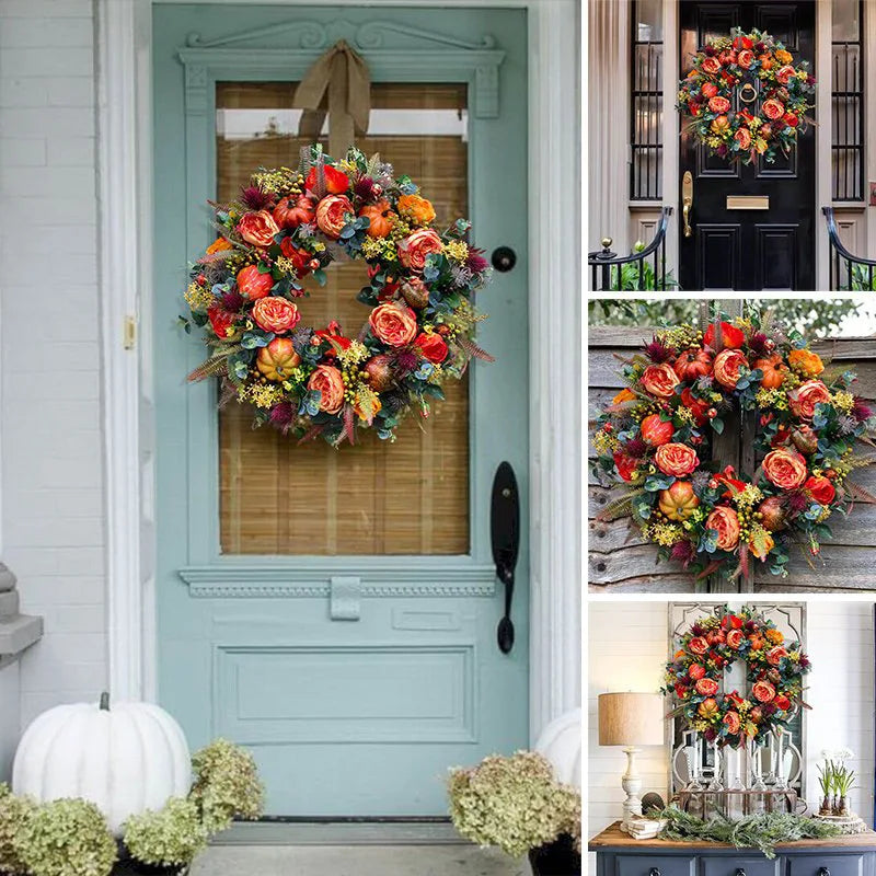 Autumna Charm Autumn Door Wreath | Pumpkin & Rattan | 40 cm | Handmade Decor for Fall & Thanksgiving