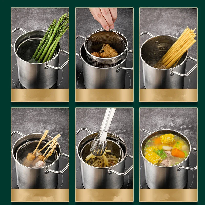 Crisplora FryMaster Stainless Steel Deep Frying Pot 3 L with Strainer & Lid | Tempura Fryer with Tongs