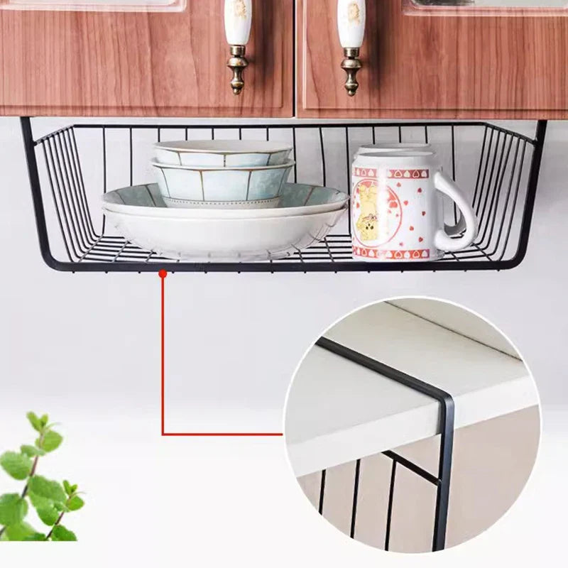 Cabvoro Hanging Basket | Under-Shelf Storage | Metal Grid in Black/White | For Kitchen, Cabinet & Office
