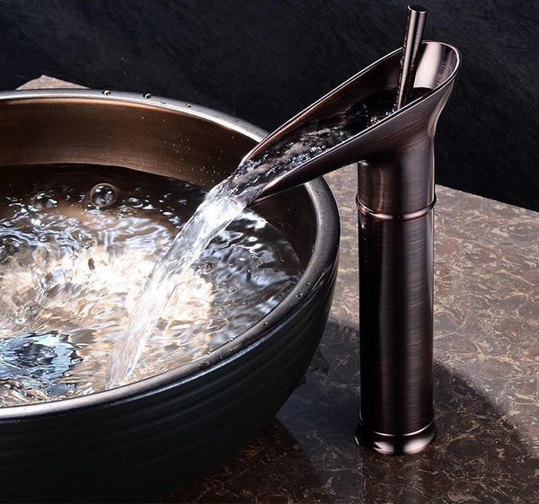 AquaVintura Antique Waterfall Basin Faucet | Brass Mixer Tap with Single Lever | Hot & Cold Water | Bronze Finish