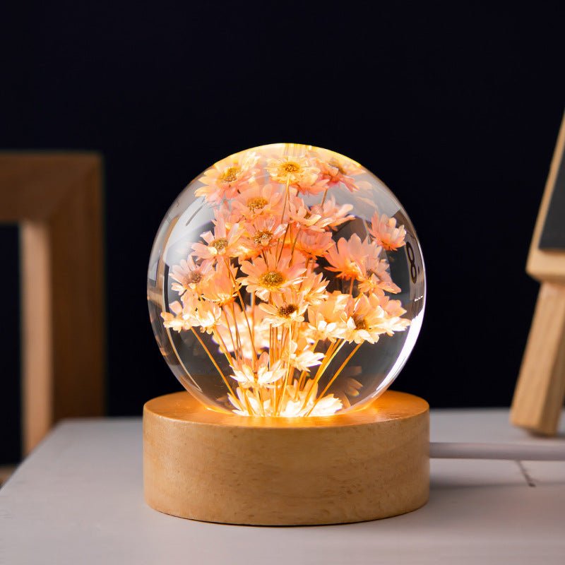 Floralis Crystal Ball Lamp | 3D Flower Design | Dandelion & Daisy | USB Wooden Base