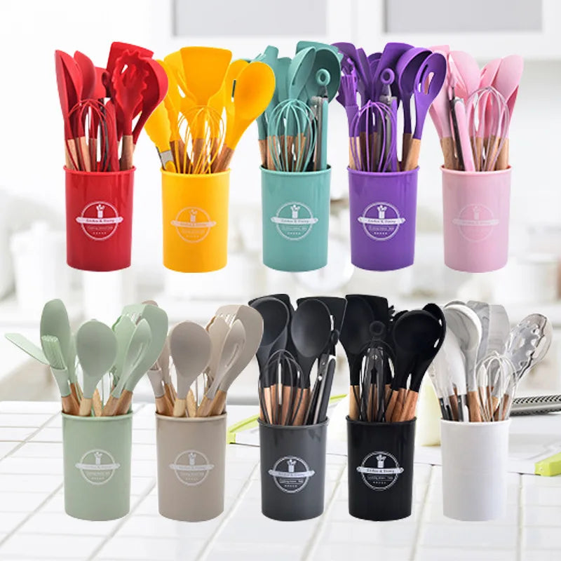 Culinora Silicone Kitchen Utensil Set | Heat Resistant up to 230°C | 12-piece with Wooden Handles | Whisk, Spatula, Tongs & More
