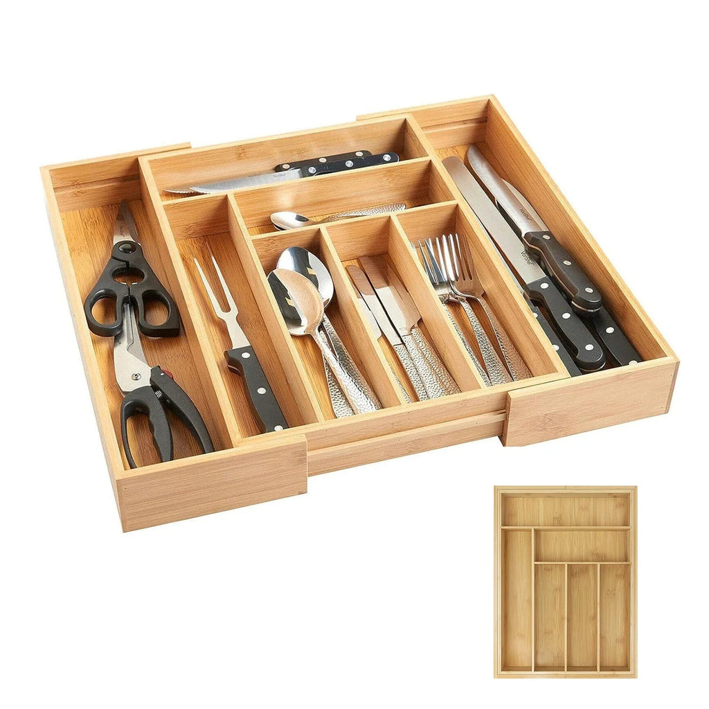 Bambusio Bamboo Cutlery Tray | Extensible 32–52 cm | 6–8 Compartments | Sustainable Drawer Organizer for Kitchen, Bathroom & Office