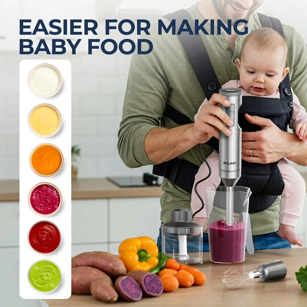 BlendMaster | 4-in-1 Stainless Steel Hand Blender Set | 700 ml Beaker, 500 ml Chopper & Whisk | 14 Speeds