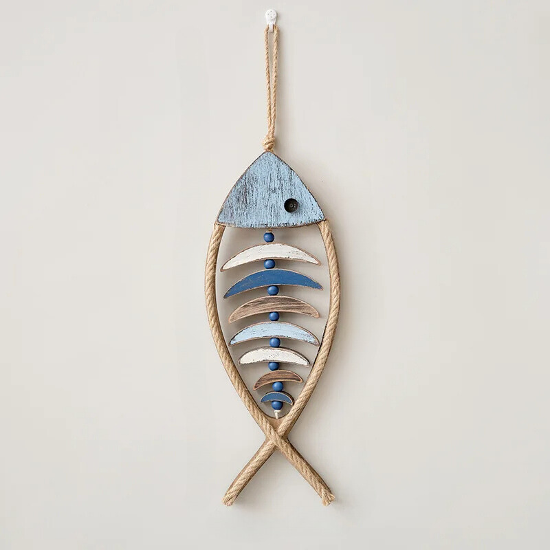 Marivano | Holz-Fisch Wanddekoration | Maritime Wandkunst aus Holz & Seil | Küstenstil 47 cm