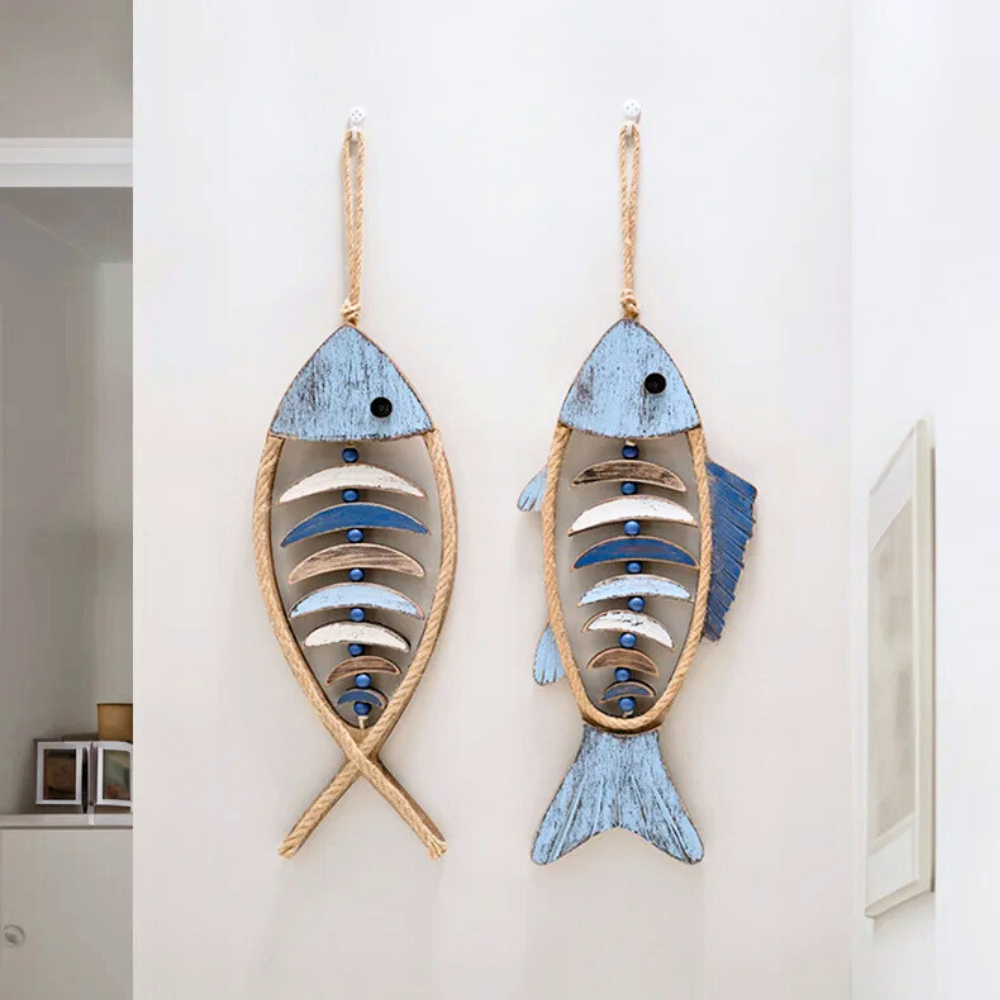 Marivano | Holz-Fisch Wanddekoration | Maritime Wandkunst aus Holz & Seil | Küstenstil 47 cm