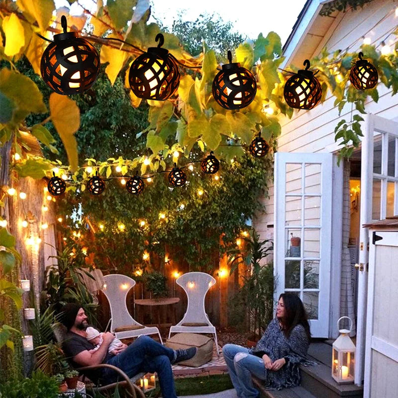 Flamara Solar String Lights with Flame Effect | 8 LED Lanterns | IP44 Waterproof | For Garden, Terrace & Balcony