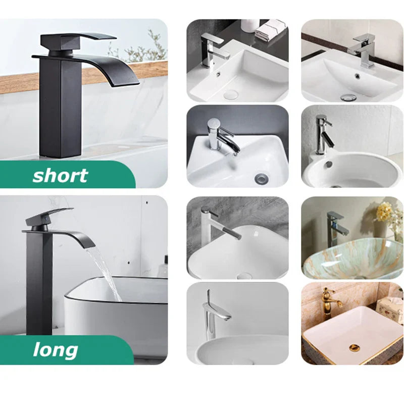 Aqualis Noir Waterfall Basin Mixer Tap | Stainless Steel | Hot & Cold Water | For Bathroom & Guest WC