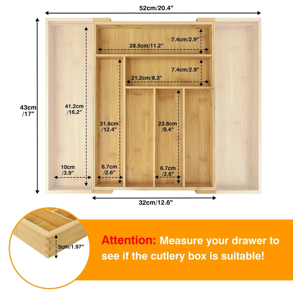 Bambusio Bamboo Cutlery Tray | Extendable 32–52 cm | 6–8 Compartments | Sustainable Drawer Organizer for Kitchen, Bathroom & Office