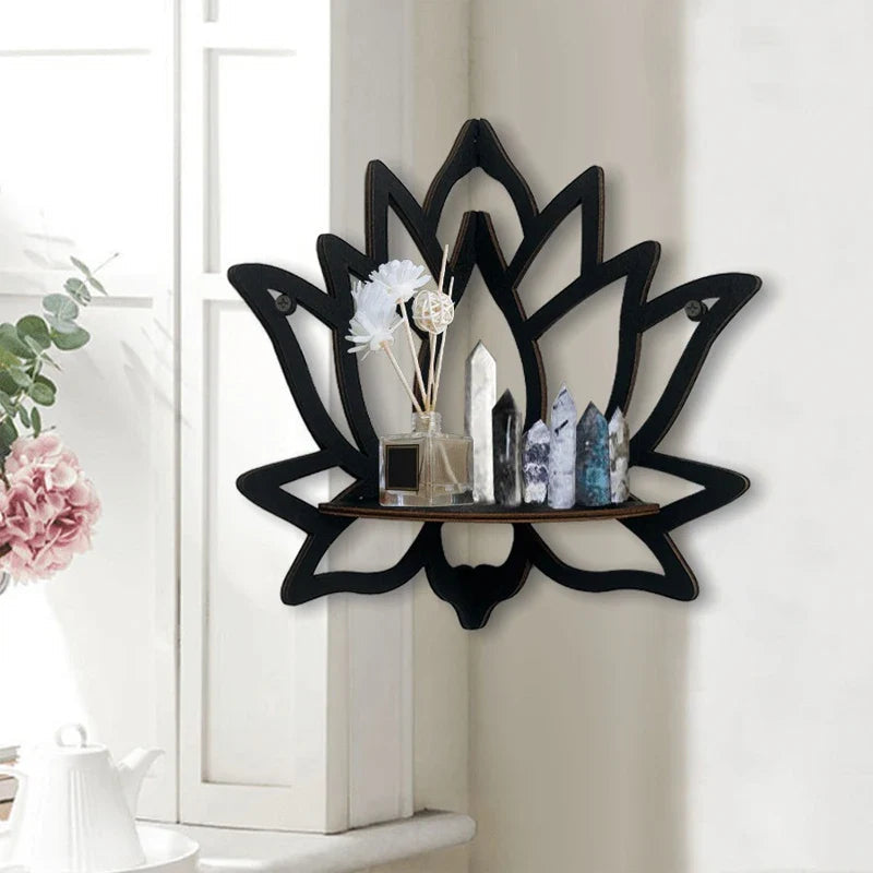 Holumina Boho Corner Shelf Made of Wood | Lotus Design with Hollow Cut | For Crystals & Decor | Black