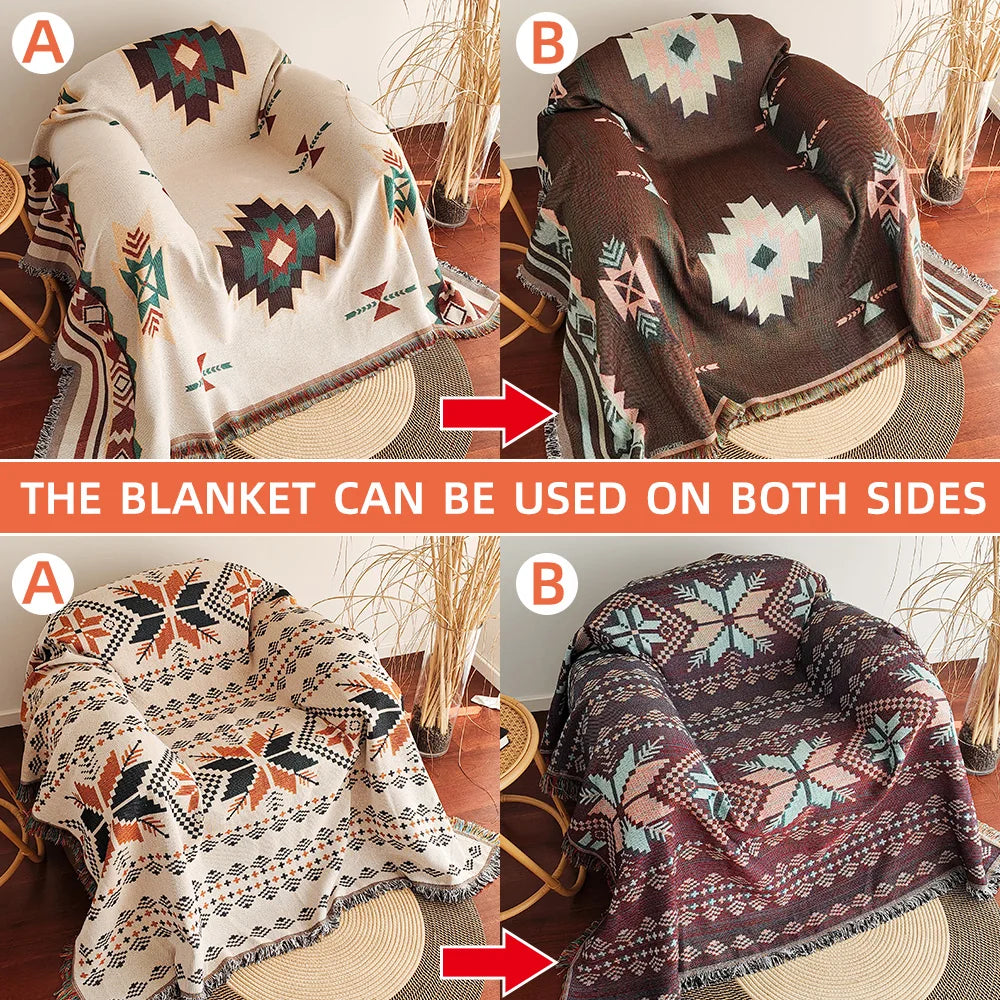 AztecaLoom Boho Blanket | XXL Aztec Plaid with Fringes | Southwestern Ethno Style | Vintage Cotton Blend Throw Blanket