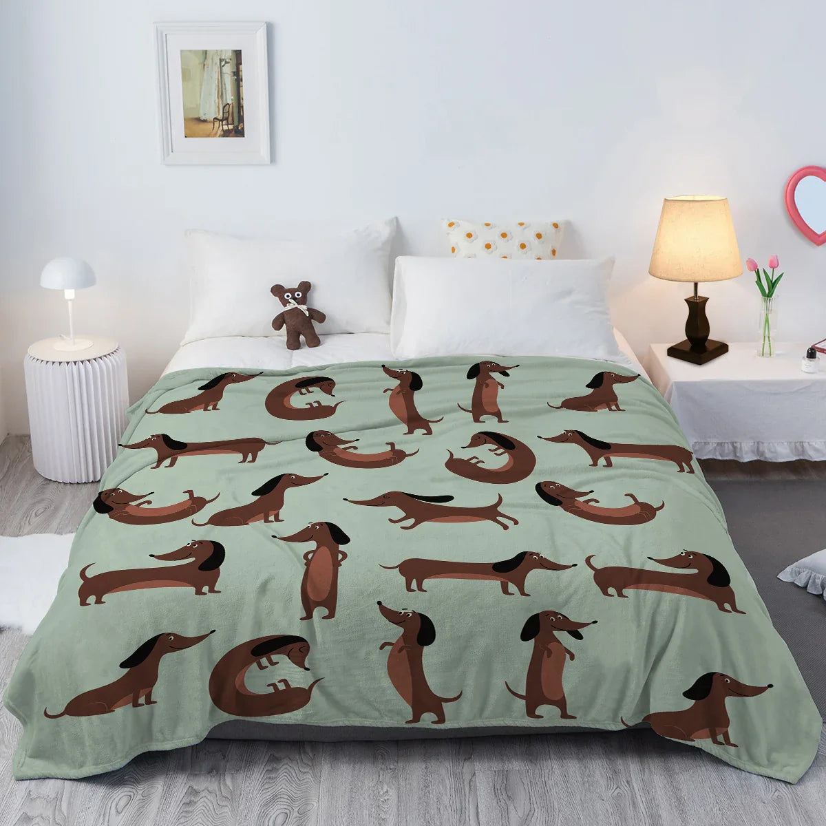 Fleece Blanket DoxiDream | Soft Flannel | Dachshund Print | Sofa & Bed