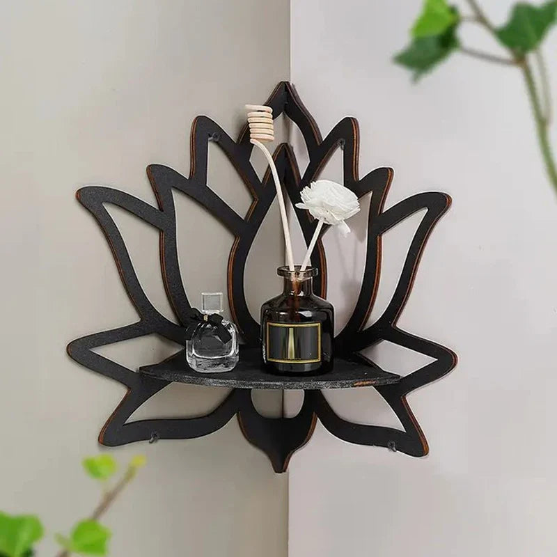 Holumina Boho Corner Shelf Made of Wood | Lotus Design with Hollow Cut | For Crystals & Decor | Black